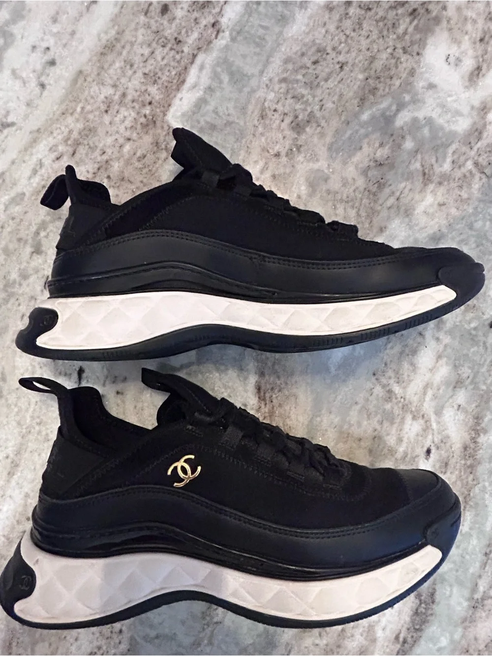 CHANEL Black Leather Sneaker, Gold CC Accent,White quilted platform Sole391/2